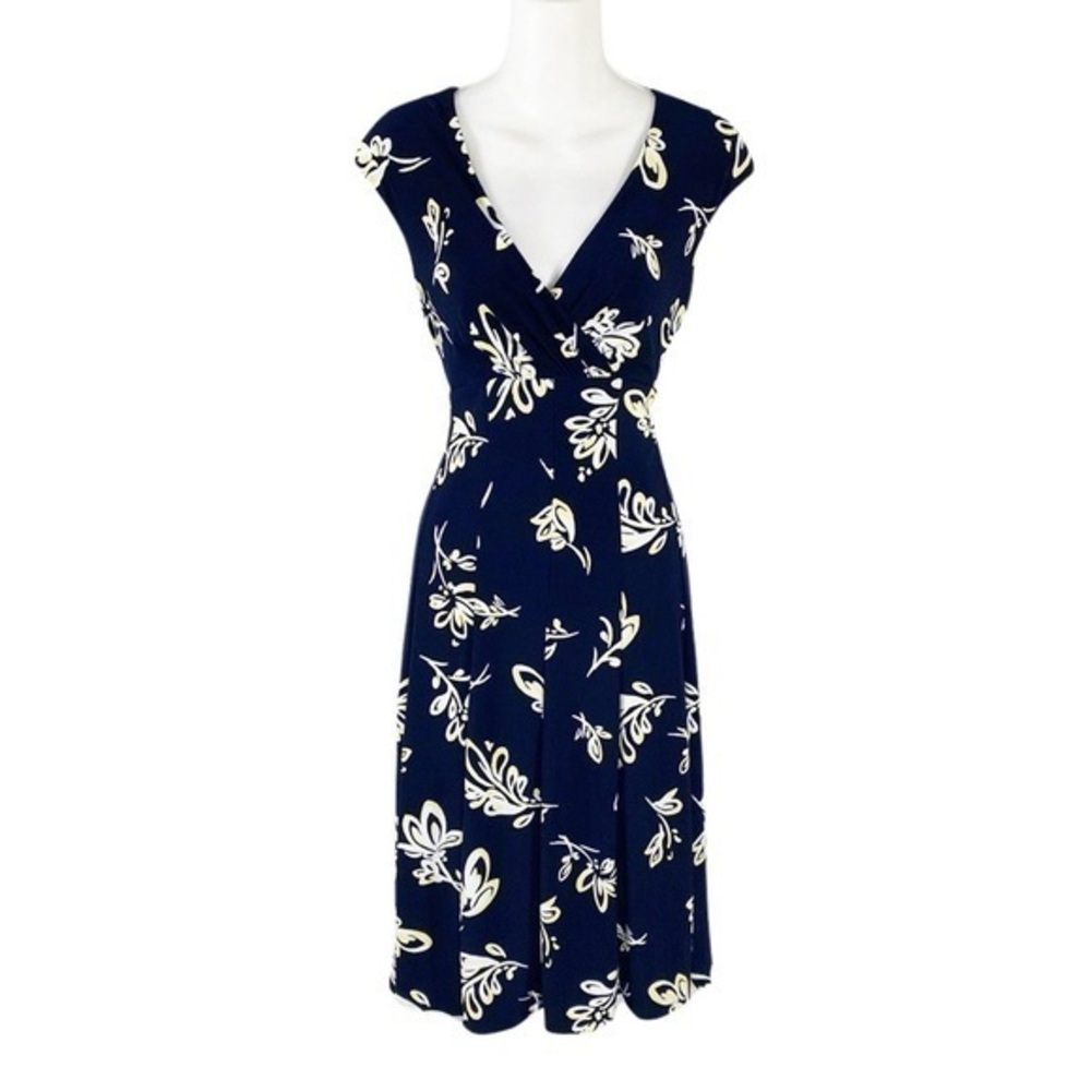 Ralph Lauren dark navy blue yellow white floral jersey dress 8 AG23